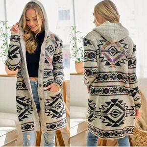 NORTHERN ANGEL Colorful Aztec Knit Long Line Hooded Cardigan Sweater